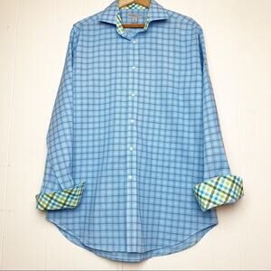 Jack Stone Blue Plaid Gingham Contrast Flip Cuff Button Up Shirt Men's Size XL